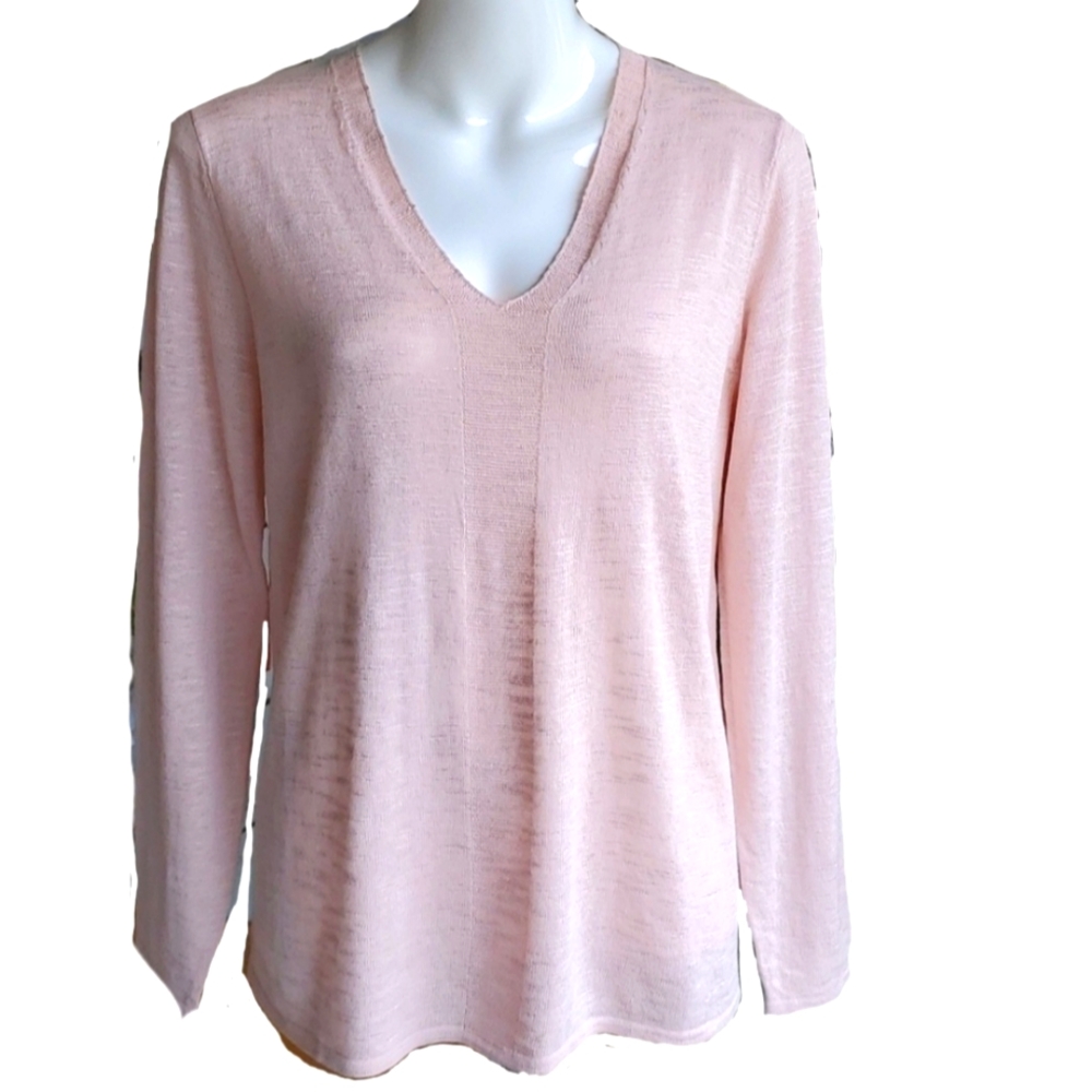 J.Jill Light Blush Pink Linen Cotton Blend V-Neck Sweater Size Medium Petite